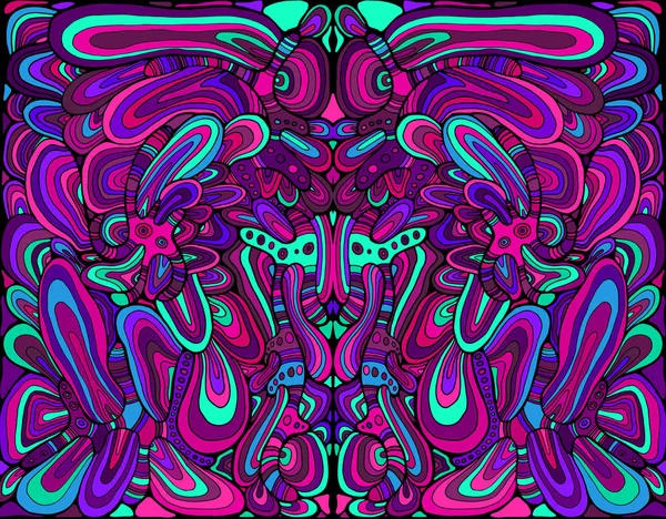 Patrón doodle surrealista colorido psicodélico. Espejo patrón abstracto, laberinto de adornos ondulados. Vector dibujado a mano fantasía ilustración . — Vector de stock