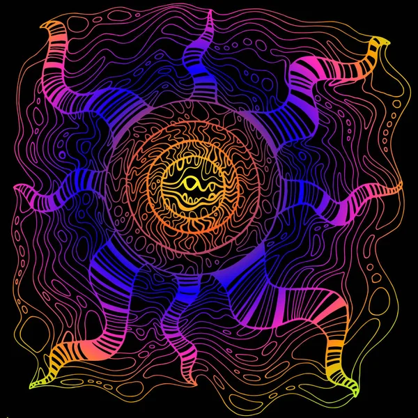 Psychedelic fantezi dekoratif gerçeküzeri çiçek, siyah arka planda parlak degrade renk. Doodle tarzı. Vektör el çizilmiş çizim. — Stok Vektör