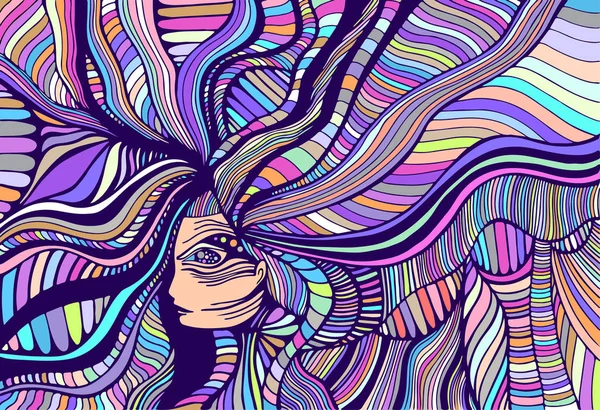 Karikatür fantezi renkli güzel kız. Vektör el fantastik kadın ile çizilmiş illüstrasyon. Yaratıcı psychedelic sanat pastel renkler. — Stok Vektör