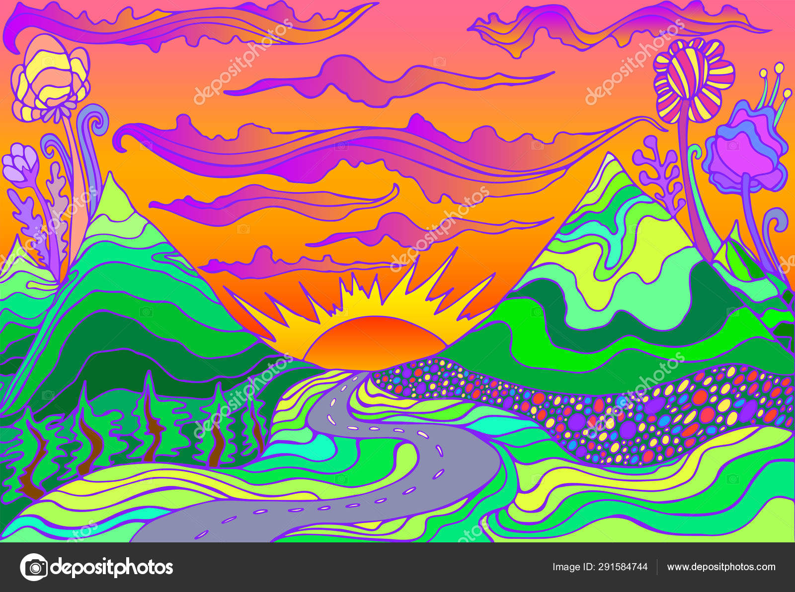 Retro hippie style psychedelic landscape with mountains, sun and the road  going into the sunset. Stock Vector by ©OlgaPerpetuumMobile 291584744, image size:1600x1193