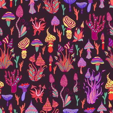 Halüsinojenik, dekoratif, fantastik mantar, her mantar kendi desen vardır. Psychedelic mantar dikişsiz desen.