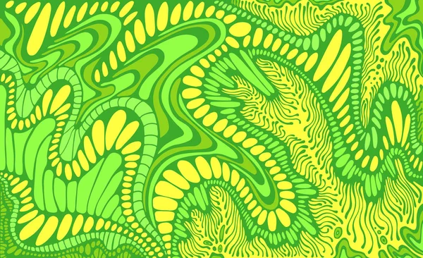 Renkli yeşil ve sarı palet renkleri fantezi soyut doodle çizgi desen. Vektör el çizilmiş psychedelic süs illüstrasyon. — Stok Vektör