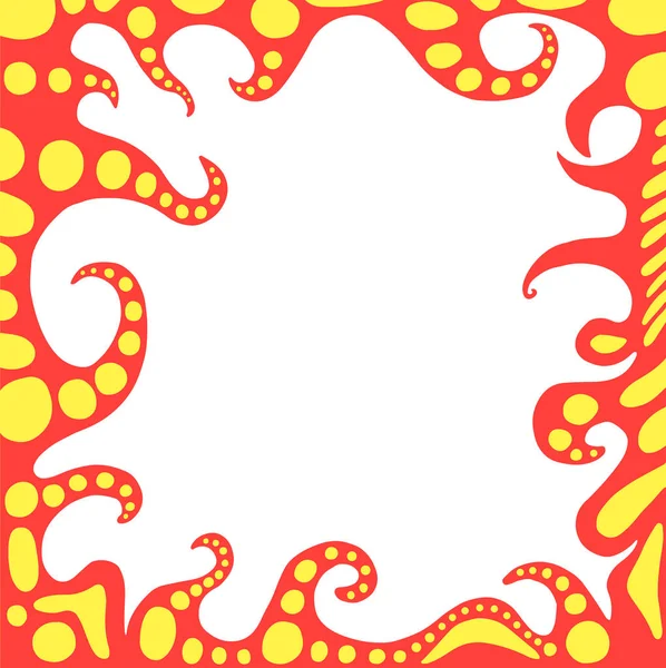 Marco de fantasía abstracto colorido con tentáculos de monstruo alienígena, de color rojo, con ventosas amarillas. Tarjeta vectorial dibujada a mano, con lugar para texto. Divertido marco de dibujos animados para vacaciones . — Vector de stock