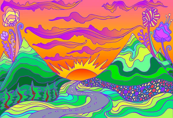 Retro hippie stijl psychedelische landschap met bergen, zon en de weg naar de zonsondergang. — Stockvector