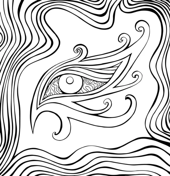Psikedelik gözlü ve dalgalı fantastik boyama sayfası. Gerçeküstü karalama desenli göz. Vektör el siyah ve tüm çizim. Stres önleyici dekoratif arka plan — Stok Vektör