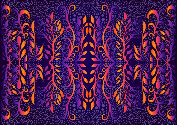 Bright psychedelic trippy foliage mandala, isolated dark violet background. Fantastic shamanic vector hand draw illustration — Stock Vector