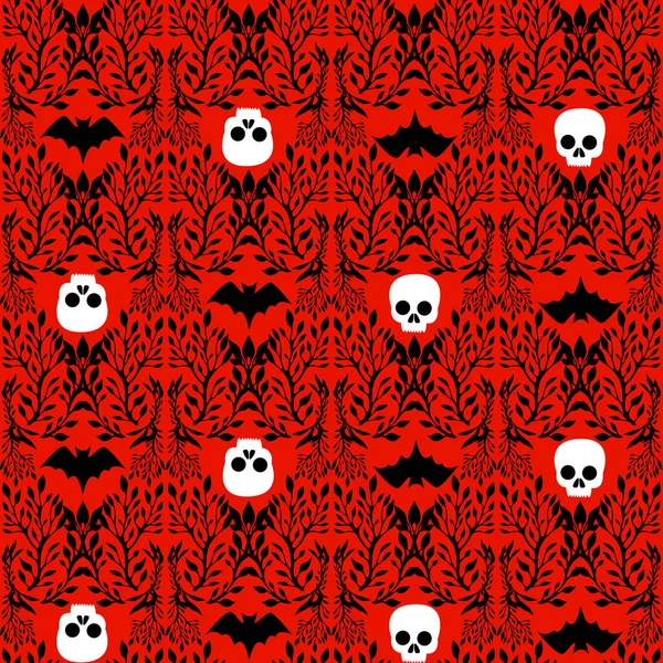 Padrão sem costura em estilo gótico vitoriano com crânio, morcego, entrelaçado em plantas, fundo vermelho-sangue isolado. Textura vetorial Halloween . — Vetor de Stock