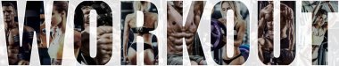 bodybuilding gym workout concept , horizontal panorama, collage of photo  clipart