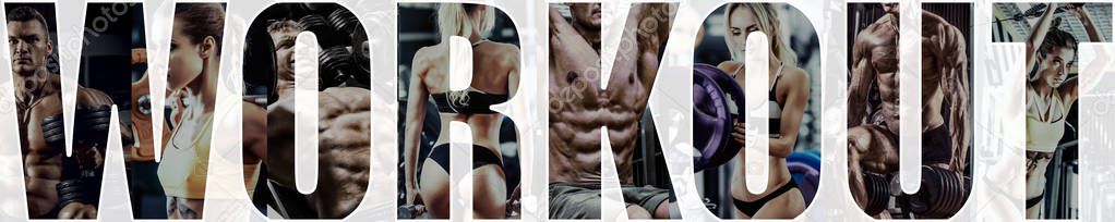 bodybuilding gym workout concept , horizontal panorama, collage of photo 