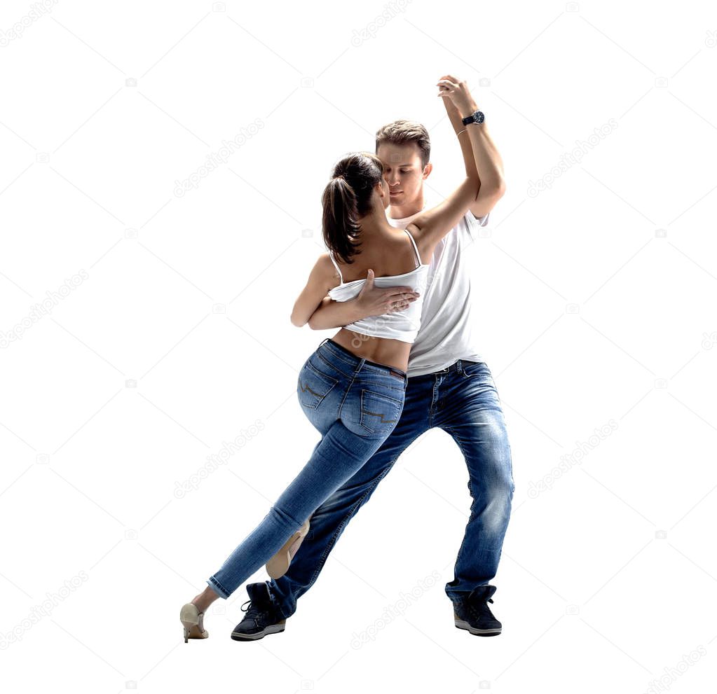 beauty couple dancing social danse ( kizomba or bachata or semba or taraxia) , on white background, isolated