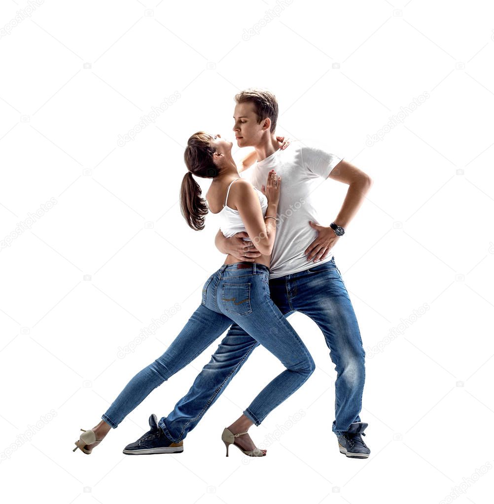 beauty couple dancing social danse ( kizomba or bachata or semba or taraxia) , on white background, isolated