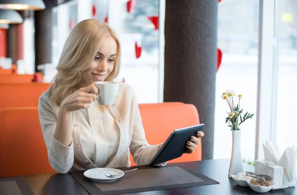 Very Beautiful Happy Young Woman Sit Cafe Flatbed Computer Horizontal — Stock Photo, Image