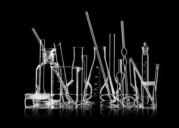 Gruppobjekt Laboratorium Kristallklara Glasvaror Svartvita Horisontella Foto — Stockfoto