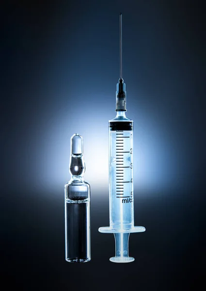 Group Object Syringe Ampule Dark Blue Background — Stock Photo, Image