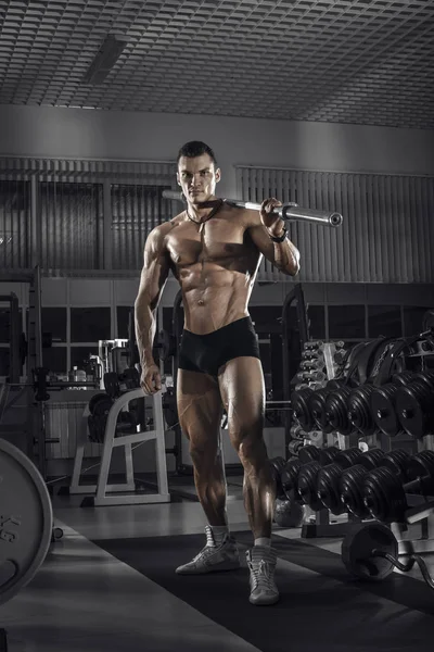 Guy Bodybuilder Perform Exercise Weights Barbell Dark Gym — Stock Photo, Image