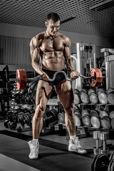 Guy Bodybuilder Perform Exercise Weights Barbell Gym — Stock Photo, Image