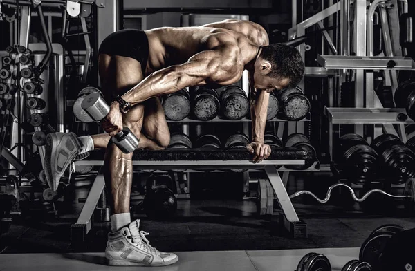 Guy Bodybuilder Perform Exercise Dumbbell Triceps Dark Gym — Stock Photo, Image