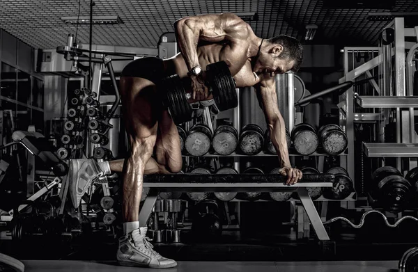 Guy Bodybuilder Perform Exercise Dumbbell Broadest Muscle Back Dark Gym — Stock Photo, Image