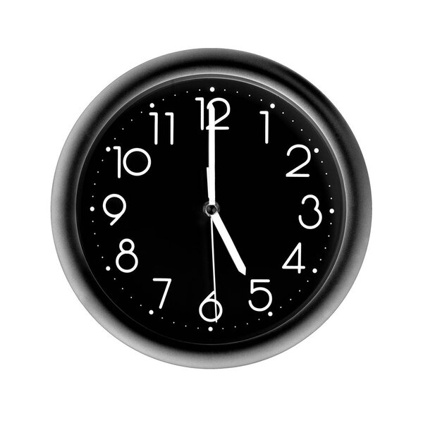 five o'clock, photo circle black wall clock, on white background, isolated