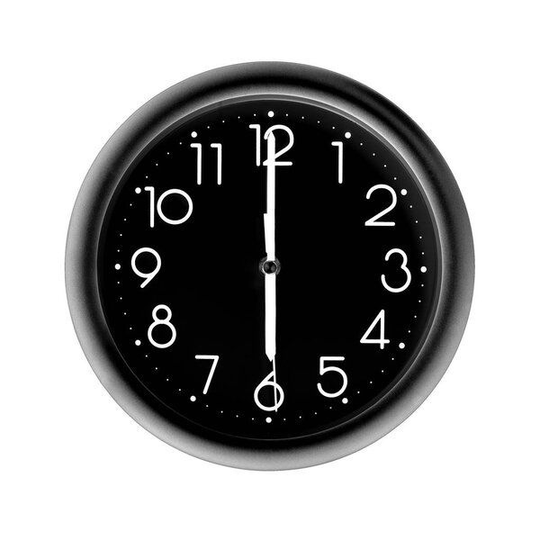 six o'clock, photo circle black wall clock, on white background, isolated