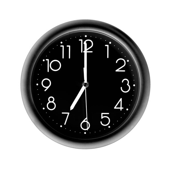 seven o'clock, photo circle black wall clock, on white background, isolated