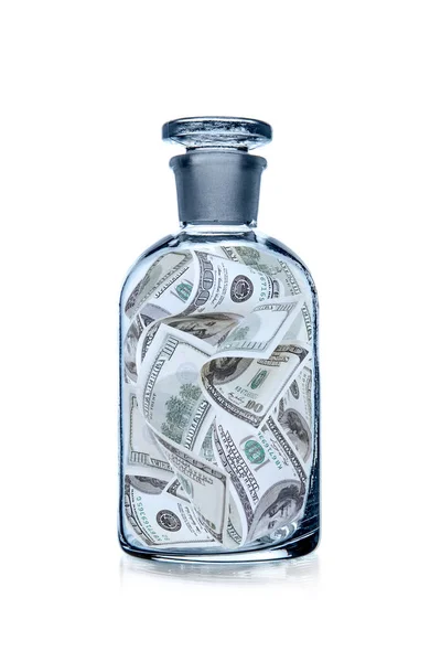 Glass Bottle Usa Dollars Finance Money Concept Photo White Background — Stock Photo, Image