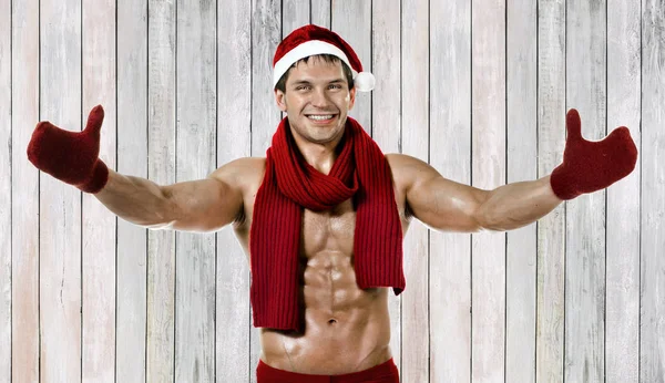 Fitness Sexy Santa Claus Czerwony Szalik Uśmiech — Zdjęcie stockowe