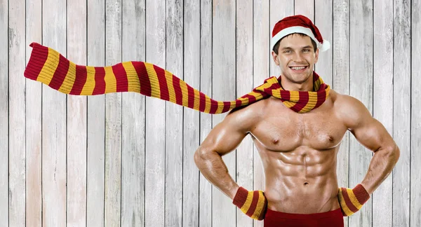 Fitness Sexy Santa Claus Red Muffler Smile — Stock Photo, Image