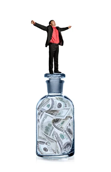 Hombre Negocios Con Botella Vidrio Con Dólares Finanzas Dinero Banco — Foto de Stock