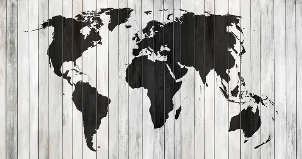 black-and-white contoured map world on background of old wood plank