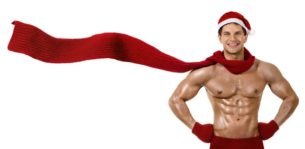 Fitness Sexy Santa Claus Červené Vlněné Šály 2019 Konceptu Bílém — Stock fotografie