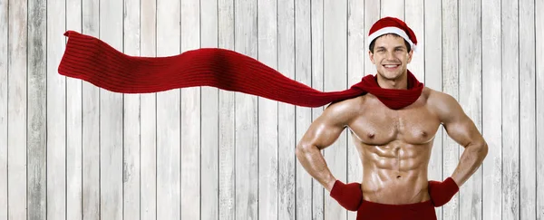 Fitness Sexy Santa Claus Czerwony Wełniany Szalik Koncepcja 2019 Podłoże — Zdjęcie stockowe