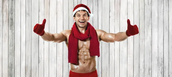 Seksi Noel Baba Kırmızı Yün Fularlı Fitness Gülümse — Stok fotoğraf