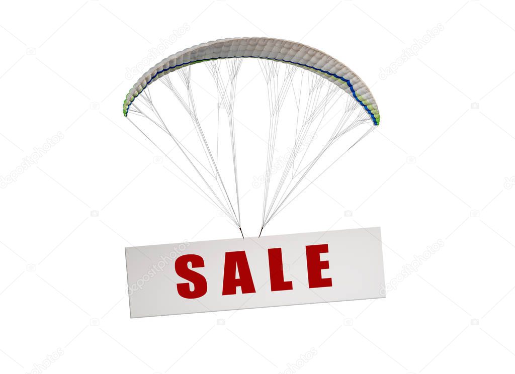 white board with text sale flying on parachute on white background, isolated, sale (discount) concept