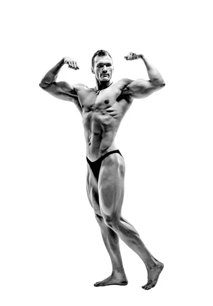 Svartvitt Foto Man Bodybuilder Pose Vit Bakgrund Isolerade — Stockfoto