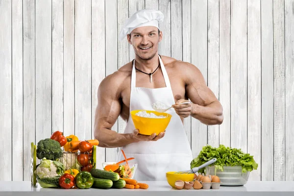 Homem Fisiculturista Cozinha Branco Toque Blanche Cozinhe Avental Protetor Cozinhar — Fotografia de Stock