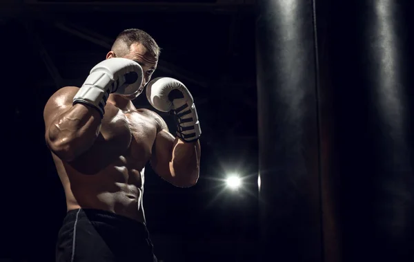 Boxer Gym Boxing Gloves Safeguard Stand Black Background Horizontal Photo — Stock Photo, Image