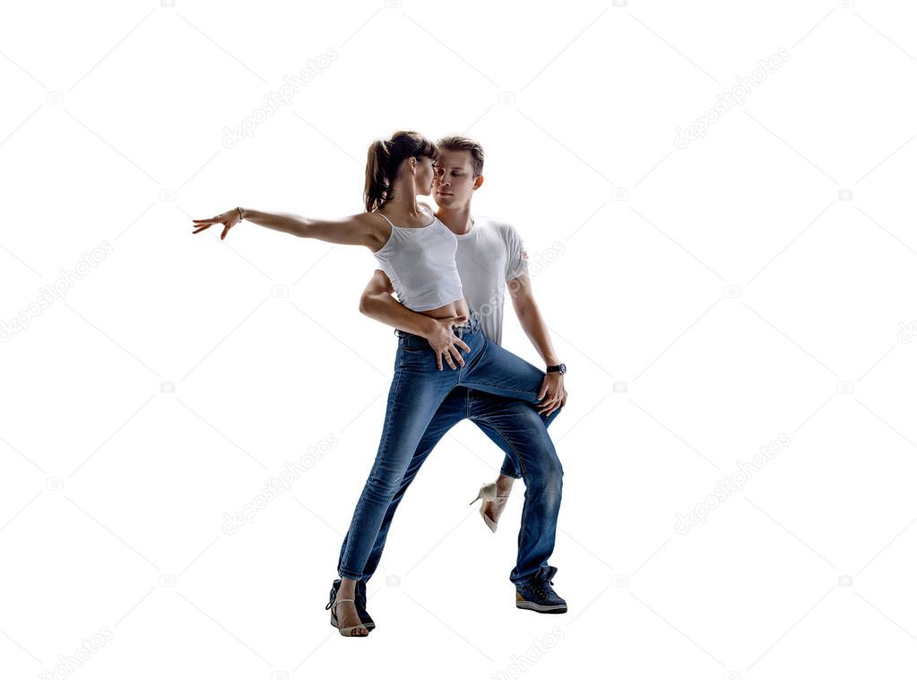 beauty couple dancing social danse ( kizomba or bachata or semba or taraxia) , on white background, isolated