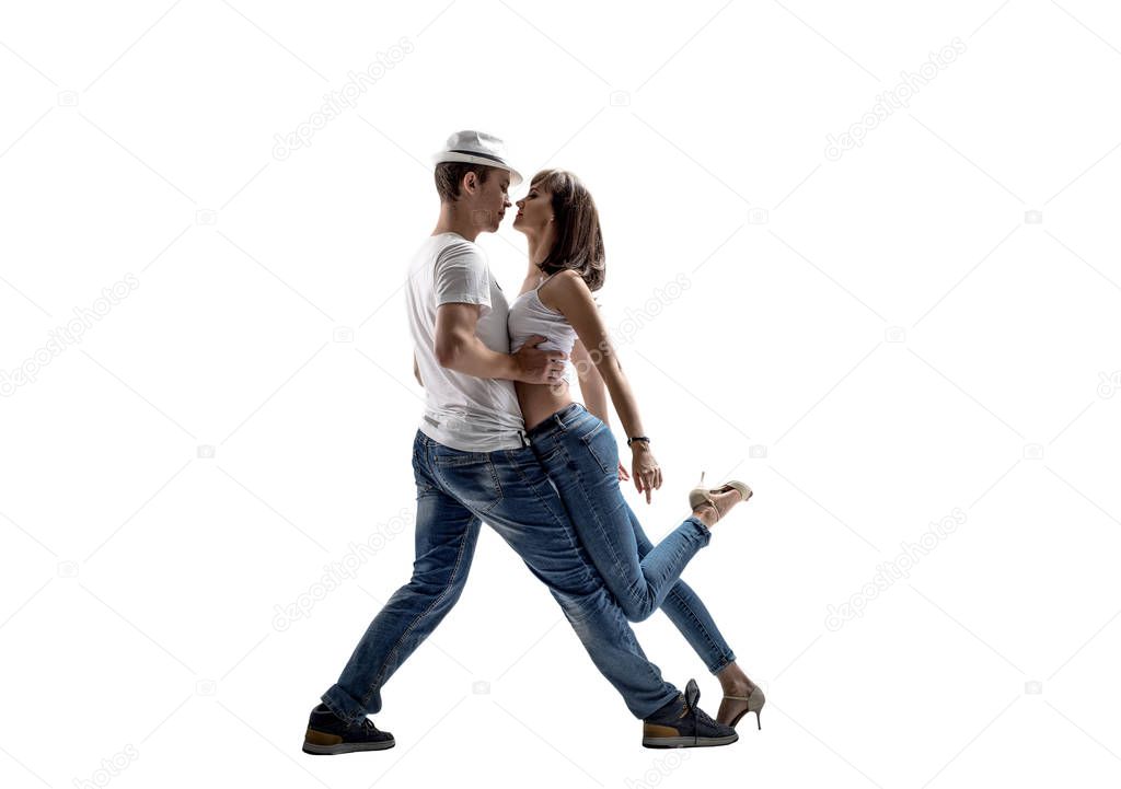 beauty couple dancing social danse (kizomba or bachata or semba or taraxia) , on white background, isolated