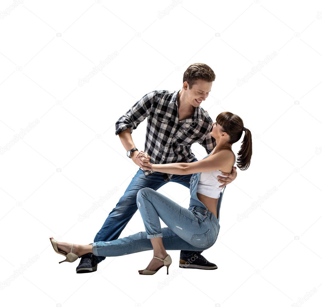 beauty couple dancing social danse (kizomba or bachata or semba or taraxia) , on white background, isolated