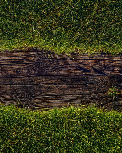 Staré dřevo textury a zelená tráva pozadí — Stock fotografie