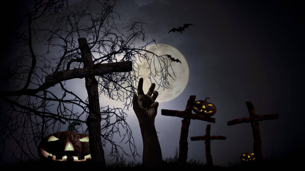 Halloween concept of wooden cross on graveyard with pumpkin and hand corpse crawl from under the ground, night horror landscape whith moon
