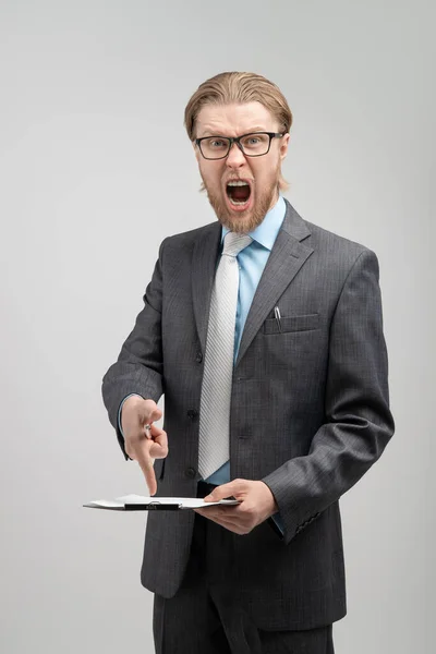 Portrait Aggressive Chief Boss Businessman Swearing Screaming Shout Gray Background — Stock Photo, Image