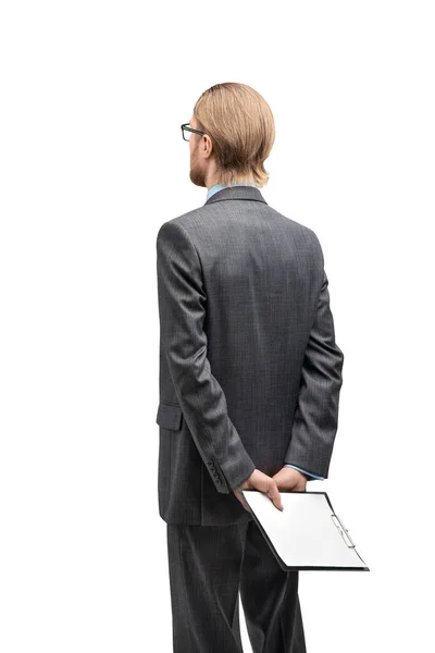 垂直肖像1人の男性ビジネスマンや眼鏡のオフィスワーカーは ノートブックで背を向けて立ち 白い背景に 隔離された — ストック写真