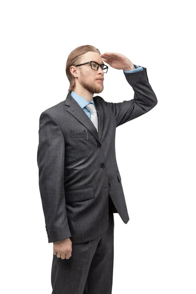 Vertikales Porträt Eines Mannes Geschäftsmann Oder Büroangestellter Mit Brille Steht — Stockfoto