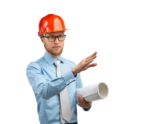 Retrato Arquiteto Inteligente Trabalhador Engenheiro Homem Capacete Construção Vermelho Com — Fotografia de Stock