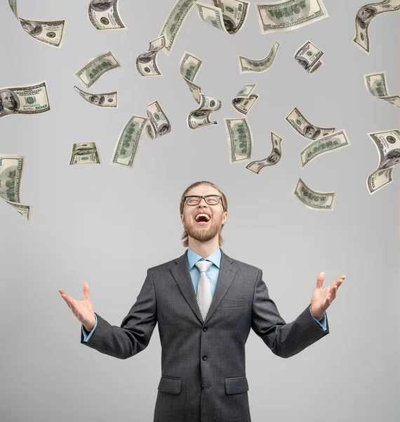 One Fun Businessman Office Worker Exults Shout Rain Money Gray — Stock Photo, Image