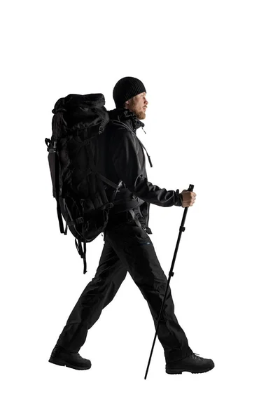 Tourist Backpacker Black Touristic Clothes Backpack Equipment Walking White Background — Stock Photo, Image