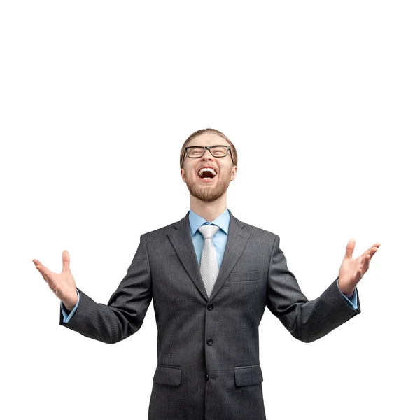 One Fun Businessman Office Worker Exults Shout White Background Isolated — Stock Photo, Image