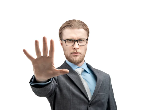 Porträt Eines Mannes Geschäftsmann Mit Brille Brille Zeigt Geste Handfläche — Stockfoto